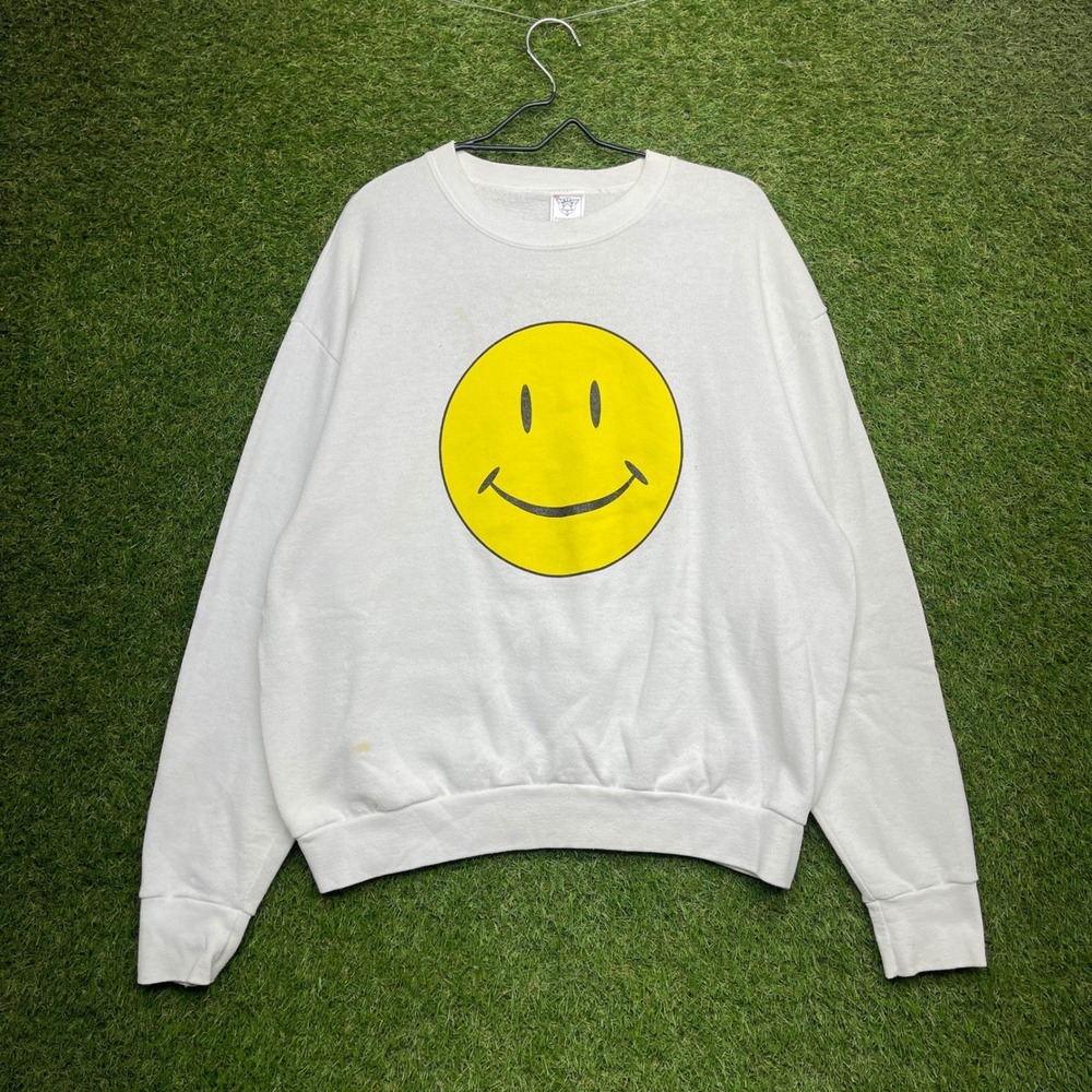 Vintage 90s Delta Smiley Face Sweatshirt XL White Pump It Up Pharmacy 1996 USA